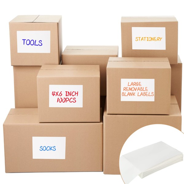 Outus Large Removable Labels for Storage Bins, 4 x 6 Labels Stickers Thermal Direct Shipping Labels, Water/Oil/Tear Resistant No Residue for Kitchen Storage Bins, Home Moving Packing Box(100 Pcs)