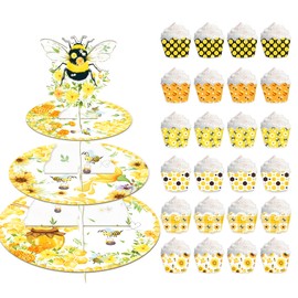 Honeybee Cupcake Stand for 24 Cupcakes with 24Pcs Cupcake Topper and Wrappers,3 Tier Cupcake Stand Honeybee Themed Party Supplies Cupcake Display Holder for Birthday Party, Baby Shower
