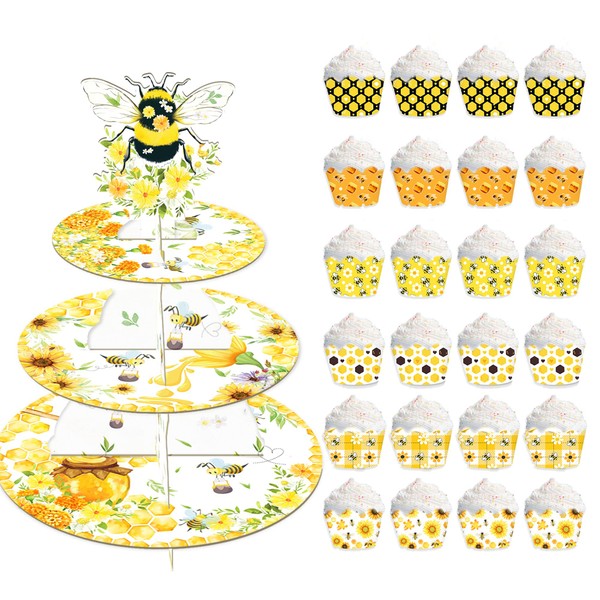 Honeybee Cupcake Stand for 24 Cupcakes with 24Pcs Cupcake Topper