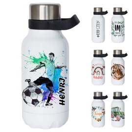 GRAZDesign Fussballer Thermosflasche mit Henkel - Trinkflasche personalisiert mit Namen, auslaufsicher, bruchsicher Wasserflasche BPA-frei, Edelstahl, Kohlensäure geeignet 550ml