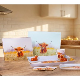 YöL 4 Highland Cow Placemats & 4 Coasters - Dining Table Surface Protection Food Drink Cork Backing Non-Slip Worktop Saver