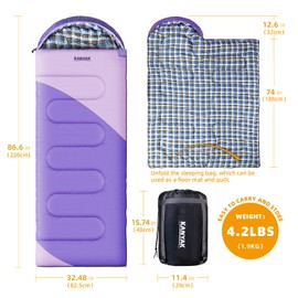 KANYAK Water-Resistant Portable Purple Sleeping Bag for Adults Teens and Kids, Perfect Outdoor Companion for 3-4 Season Hiking，Hunting，Camping and Backpacking