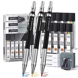 Four Candies 3PCS 2MM Mechanical Drawing Pencils with Case, Metal Art Lead Pencil with 120 Graphite Lead Refills (HB 2H 2B 4B Color), Kneaded Eraser, Sharpener, for Drafting, Drawing, Sketching