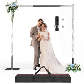 GLOSHOOTING Pipe and Drape Backdrop Stand Kit, Backdrop Stand Heavy Duty 8.6ft x 10ft, Adjustable Background Frame with Flat Base for Photography, Wedding, Party, Events Decoration-Black