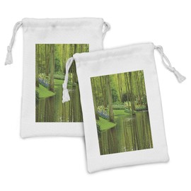 Ambesonne Nature Fabric Pouch Set of 2, Forest with Lake Dutch Garden Pastoral Woodland Botany Flowerbed Picture, Small Drawstring Bag for Toiletries Masks and Favors, 9" x 6", Fern and Lime Green