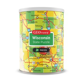 Geotoys Wisconsin Mini State Puzzle – 100 Piece Puzzles for Kids and Adults in Portable Can, 13" x 10" Educational Travel Puzzle for Ages 7 and Up – Mini Puzzles to Learn & Explore Geography