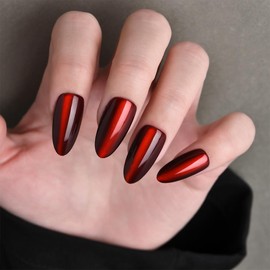 Valentine Press on Nails Almond, Red Cat Eye Press on Nails Short, Fashion Gel Fake Nails, Reusable Acrylic Fake Nails, Glossy Stick on Nails for Women Girls Gift, Glue on Nails Kit, Wine Red