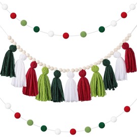 Pack of 3 Boho Tassel Garland, Basicon Boho Tassel Garland Tassel Wall Hanging Decor Orange Tassel Banner with Wooden Beads and 2 Pieces Pom Pom Garland Felt Ball Garland for Home and Outdoor