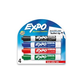 EXPO® Low-Odor Dry-Erase Markers, Bullet Tip, Assorted Ink Colors, Pack of 4 Markers