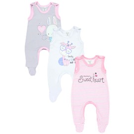 TupTam Baby Girls' Romper with Foot, Pack of 3, Stripes Giraffe Rabbit Pink White Grey, 56