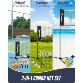 Patiassy 5.1ft-7.4ft Adjustable Height Volleyball Badminton Pickleball Net Set 17ft Sports Net with Poles, 4 Badminton Rackets, 3 Shuttlecocks, 4 Pickleball Paddles and Volleyball (Black)