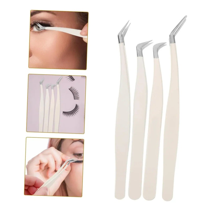 4 Pzas Pinzas Para Extensión Pestañas Curvas Set Maquillaje