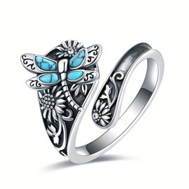 Wasise Turquoise Jewelry for Women - Boho Dragonfly Ring, Sterling Silver Turquoise Wrap Ring Women, Sunflower Adjustable Thumb Rings for Girls, Vintage Antique Jewelry Gifts, Stackable Rings