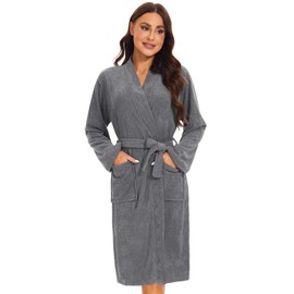 Ymmchy Women Bathrobes Lightweight Dressing Gown Terry Towelling Bath Robe Shawl Collar Robes Grey L