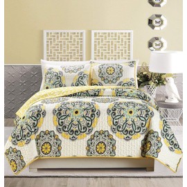 Grand Linen 3-Piece Fine Printed Oversize (100" X 95") Quilt Set Reversible Bedspread Coverlet Full/Queen Size Bed Cover (Black, Off-White, Yellow, Grey)