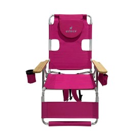 Ostrich Woody 3N1 Beach Chair with Cooler Bag - Face Opening - Portable, Reclining Lounger for Tanning - Face Hole for Reading on Stomach - Adjustable Footrest, Carry Straps - Aluminum (Pink)