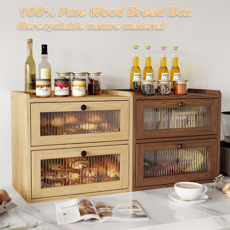 Alpeir Double Layer Large Bread Box for Kitchen Counter, Wooden