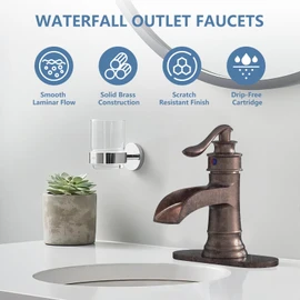 Homevacious Bathroom Faucet Copper Waterfall Bathroom Sink Faucets with Single Handle Rustic Vanity Farmhouse RV Faucet Suitable for 1 or 3 Holes with Pop-up Drain Deck Plate Hose