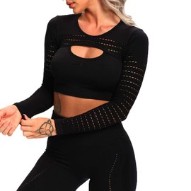FITTOO Women's Long Sleeves Croped Workout Tops Eyelet Sports Shirts Black L