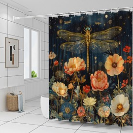Yadshoti Dragonfly Shower Curtains Spring Floral Plant Outdoor Night View Wild Plant Flowers Insects Animals Pattern Bathroom Decor Polyester Fabric Bathtub Curtain Set 70 x 70 Inch with Hooks