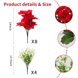 WOBUBU 14'' Poinsettias Artificial Christmas Flowers for Outdoors,12 Bundles Mixed Fake Red Silk Flowers Faux Plastic Plants UV Resistant for Home Garden Porch Patio Outdoor Indoor Decor