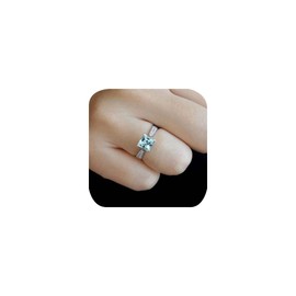 Art Deco Ring Created Blue Square Cut Aquamarine Solitaire CZ Wedding Band Promise Ring for Women Her 4CT 925 Sterling Silver Diamond Eternity Band Party Open Ring