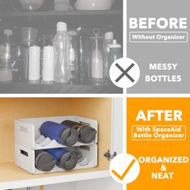 SpaceAid Bamboo Water Bottle Organizer with Labels, Kitchen Pantry Storage Rack for Cabinets, Home Cup and Wine Bottle Holder Shelf Organizers, 2 Pack 3-Slot, White
