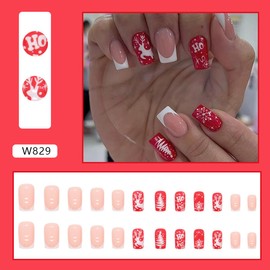 24Pcs Christmas Press on Nails Medium Square Fake Nails White French Tip Nails Tips Full Cover Glue on Nails Xmas Tree Deer Snowflake Design Christmas False Nails Coffin Shaped Acrylic Nails for Women