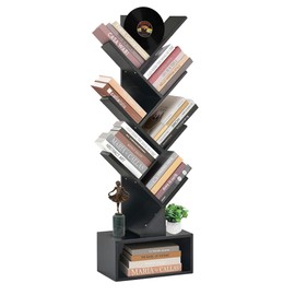LUSHZLUMBERA 6-Tier Tree Bookshelf with Storage – Wooden Bookcase for CDs, Books & Decor – Space-Saving DIY Shelf for Bedroom, Living Room & Office