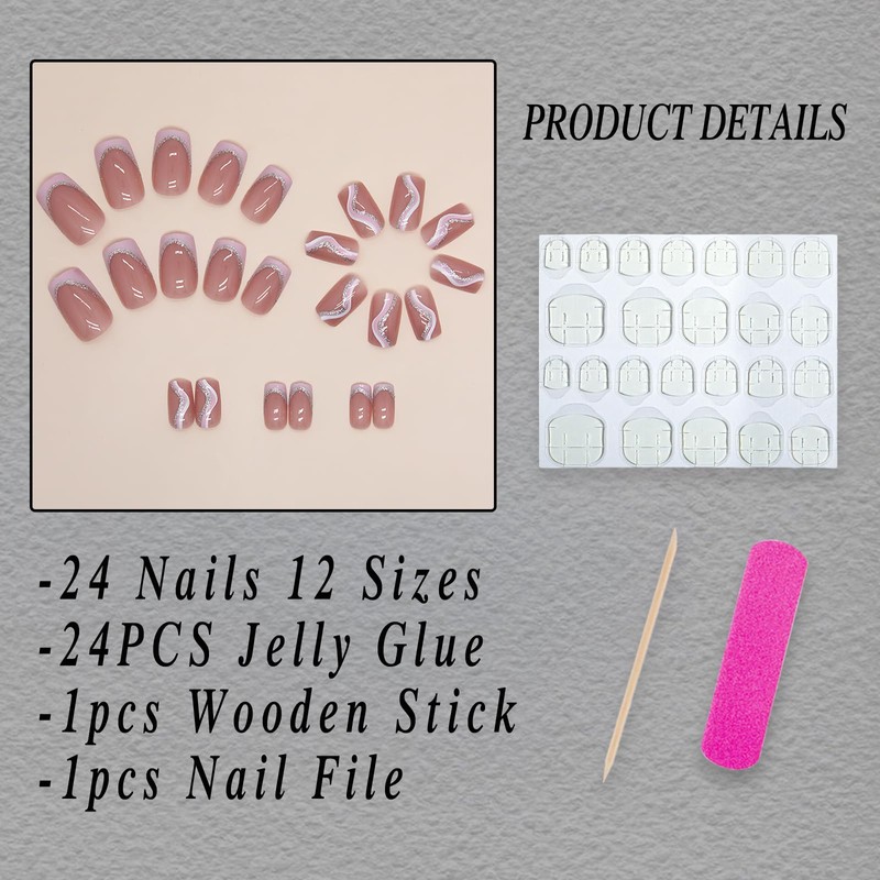 ROFIBUT Pink French Tip Press on Nails Medium Square Fake