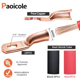 15 Pack Battery Terminal Connectors, 8 Gauge Wire Connectors 5/16" Stud Battery Cable Ends UL Heavy Duty Wire Lugs, Bare Copper Eyelets with 16 Pcs 3:1 Heat Shrink Tubing (8 AWG 5/16 Inch)