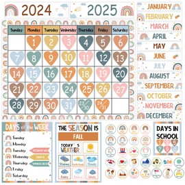 Qyeahkj Boho Rainbow Classroom Calendar Set Bulletin Board Sets for Teachers Boho Classroom Calendar Decorations with Seasons Festival Weather Days of the Week for PreSchool Home Office Wall