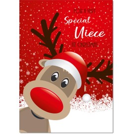 doodlecards Niece Christmas Card Rudolph in Snow Medium Size Christmas Card for Niece with Plain Envelope