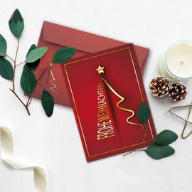 30 x Christmas Card Set DIN A6 in Red with Golden Christmas Tree - Folding Cards with Matching Envelopes - Modern - Christmas Greetings for Companies and Private