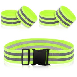 Pack of 5 Elastic Reflective Bands, 1 Reflector Belt Adjustable, 4 Reflective Bands Bicycle Outdoor, Reflectors Jogging Set, Reflective Safety Bracelet for Hiking, etc., Fluorescent Green