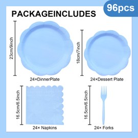 96 Pieces Light Blue Scalloped Tableware Set Party Supplies – Solid Color Disposable Dinnerware with Paper Plates, Napkins, and Forks for Baby Showers, Boys Birthday, Spring Celebrations – Serves 24