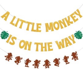 A Little Monkey is on the Way Banner - Jungle Safari Baby Shower Party Decor, Cute Monkey Theme Baby Shower Birthday Party Decorations Gold Glitter
