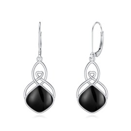 Seiyang Celtic Knot Black Onyx Earrings 925 Sterling Silver Celtic Teardrop Black Onyx Leverback Dangle Drop Earrings Irish Good Luck Jewelry Gifts for Women