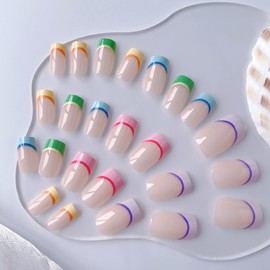 Generic French Tip Press on Nails Square Short False Nail Tips Glossy Acrylic Nails with Pink Purple Green Yellow Designs Fake Nail Glue on Nails Stick on Nails for Women 24Pcs
