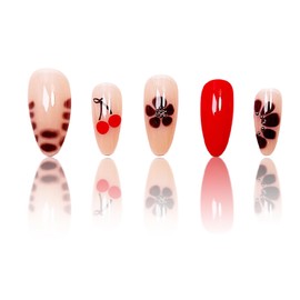Leopard Press on Nails Short Almond Shaped Flower False Nails Red Cherry and Brown Leopard Design French Tip Press on Nails Full Cover Glossy Acrylic Nails Artificial Stick on Nails for Women