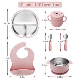 MISSLILI Stainless Steel Kids Plates and Bowls Set with Suction, Divided Baby Plate and Toddler Bowl with Removable Silicone Suction,Stainless Steel Weaning Bundle, Silicone Baby Feeding Set (Pink)