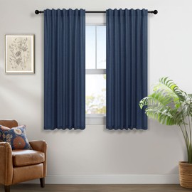 Navy Blue Curtains 45 Inch Length for Dining Room 2 Panels Back Tab Pocket Linen Blend Lightweight Semi Sheer Short Cafe Tier Dark Blue Curtains for Kitchen Farmhouse Bathroom Small Windows 52x45 Long
