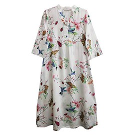 LA CERA Women’s Cotton Caftan Dress, Floral Hummingbird Print, Rounded V-Neck, 3/4 Sleeves, White Dress, Machine Washable