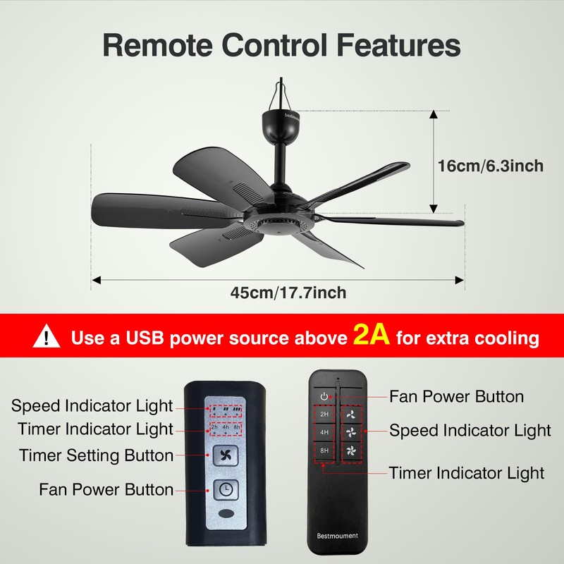 17.7" Inch Portable Ceiling Fan with Remote Control Timing 3
