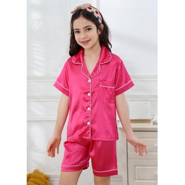 DIPUG Girls Pajamas Satin Pajama Set Silk Pjs Short Sleeve Sleepwear(Hot Pink)