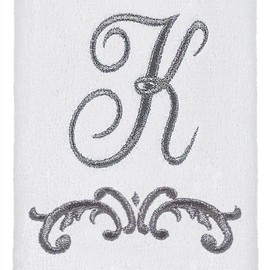 Avanti Linens - Monogram Embroided Fingertip Towel, 100% Cotton Bathroom Decor, K-Scroll, White/Pewter