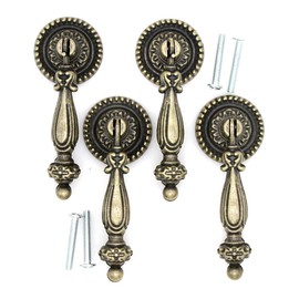 4 PCs Vintage Pendant Pulls - Antique Brass Pulls Knob Handles - for Cabinet Cupboard Dresser Wardrobe - Length 3.4-in (86 mm) Width 1.3-in (33 mm)
