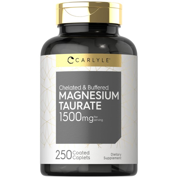 Magnesium Taurate 1500mg | 250 Caplets | Chelated and Buffered | Vegetarian, Non-GMO, Gluten Free Supplement | by Carlyle
