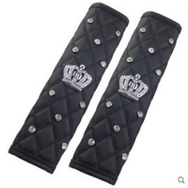 Seat Belt Cover Set of 2 Black Glitter Crown Rhinestone Synthetic Leather Luxury (lunar.maria) (Black)