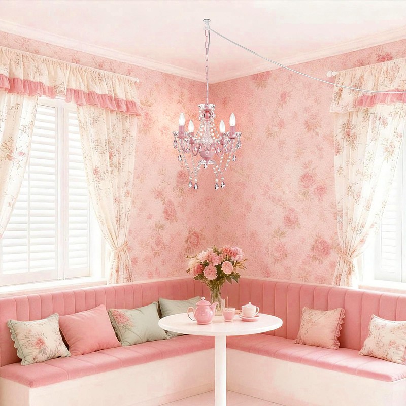 Plug in Chandeliers, 4-Light Pink Small Acrylic Crystal Hanging Ceiling